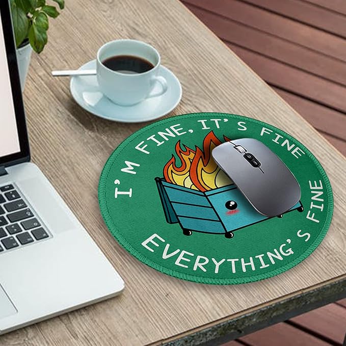 Funny Dumpster on Fire Round Mouse Pads for Desk, Cute Mousepad for Laptop Gaming Women, with Stitched Edge Non-Slip Rubber Base, Funny Green Home Office Decor Desk Accessories Cute Office Supplies