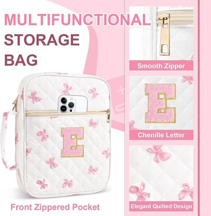 Personalized Initial Bible Cover Case for Women Girls Kid - Large Quilted Bible Case with Handle, Stylish Chenille Letter Bag Study Supplies, Perfect Christmas Gifts for Christians Women (Pink Bow-E)