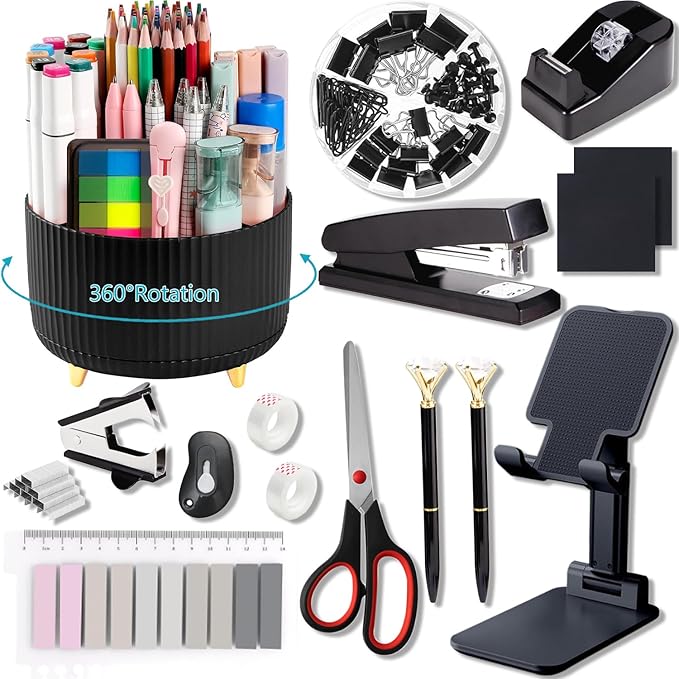Office Supplies,Desk Accessories,with Stapler,Tape Dispenser,Staple Remover,Scissor,Ballpoint Pen,Sticky Notes,Clear Tape,Staples,Desk Organizer,Phone Stand,Binder,Index Tabs,Best gift set(Black)