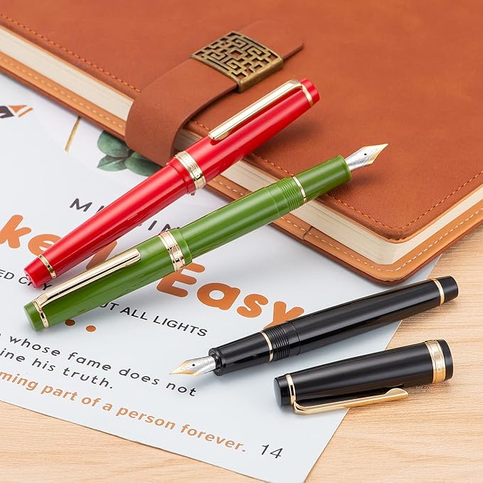 Jinhao 82 Red Acrylic Fountain Pen, Iridium Fine Nib Classic Design Smooth Writing Pen with Ink Converter (Gold Trim)