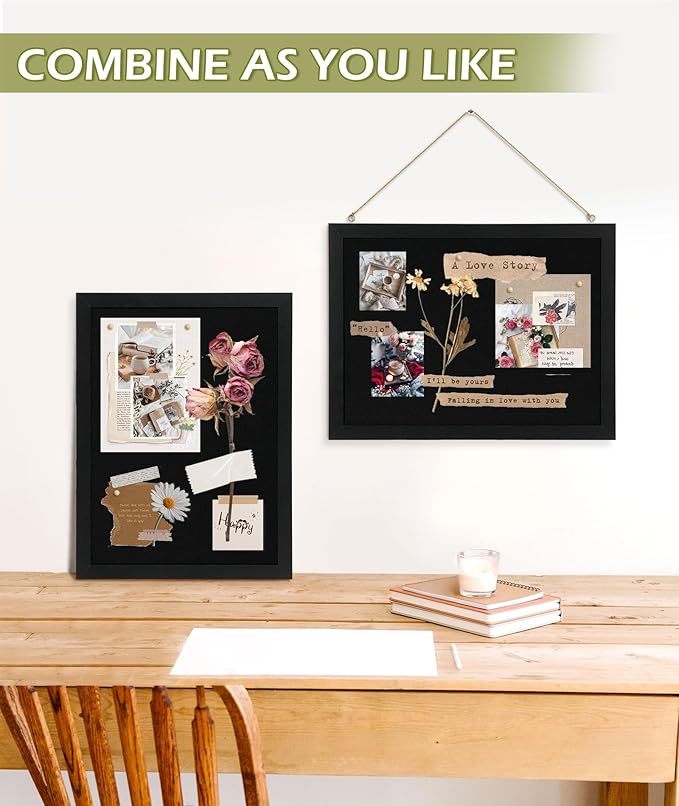 2-Pack Double-sided Black Cork Board with Linen, 16" x 12" Hanging Wood Framed Small Bulletin Board, Picture Display Vision Board Kit Corkboards for Wall Room School Office Decor, 20 Pushpins