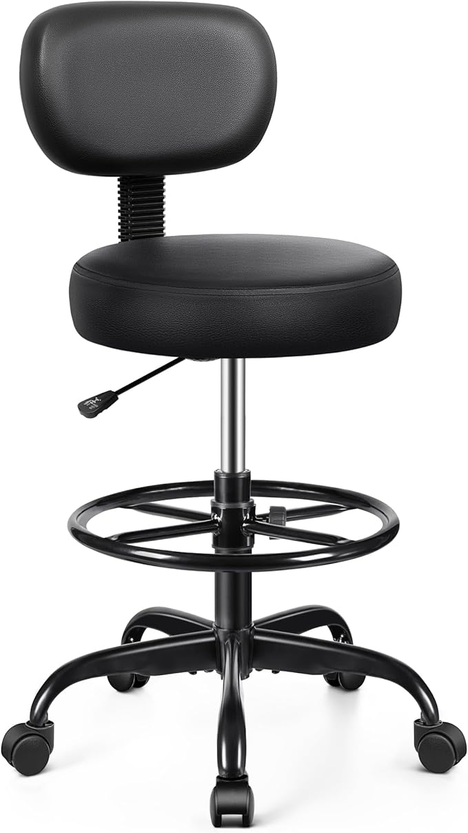 Drafting Chair with Backrest – Adjustable Foot Rest Rolling Stool with Wheels, PU Leather Swivel Stool for Office Spa Studio Lab Counter Salon Home Work Bar Kitchen Shop(Black)