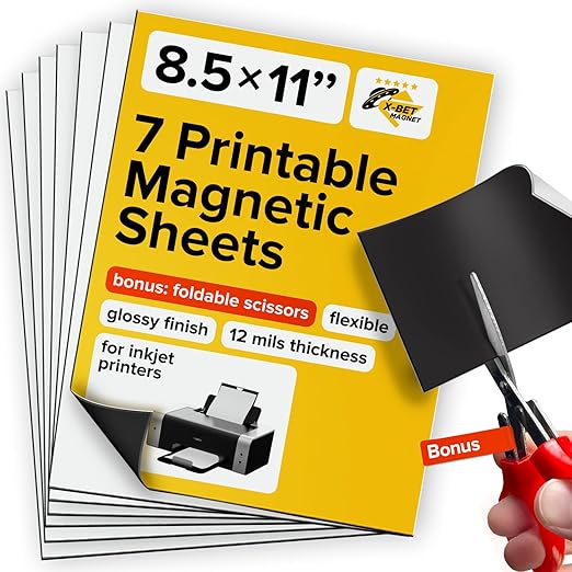 X-bet MAGNET Inkjet-Optimized Printable Magnetic Sheets - 8.5x11 Magnet Paper for DIY Stickers, Decorations, Labels - Easy to Print, Cut & Create Your Own Magnets (Glossy, 7pcs)