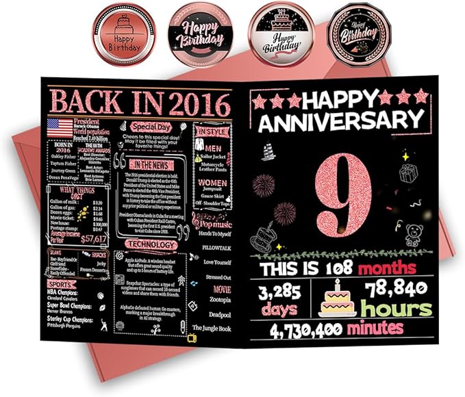 Joycard 9th Anniversary Card for Women, Wedding Card for Wife, Sweet Marriage Decorations Gifts for Couple, Perfect for Her on Anniversary Day, Back in 2016