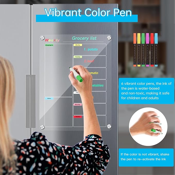 Fridge Calendar Meal Planning Board, Dry Erase Acrylic Magnetic Monthly Weekly Calendar Planner for Refrigerator with 6 Colors Markers (Transparent-Weekly(15.7x11.8"))