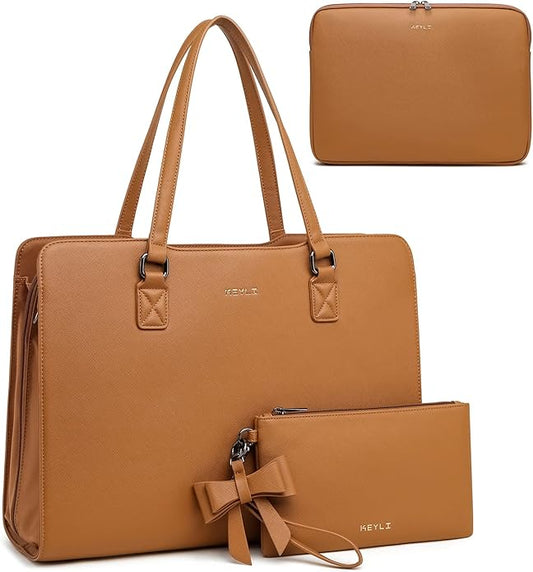 Keyli 4pc Sets Laptop Bag for Women Large Leather Laptop Briefcase with USB Charging Port Computer Shoulder tote Bags Purse