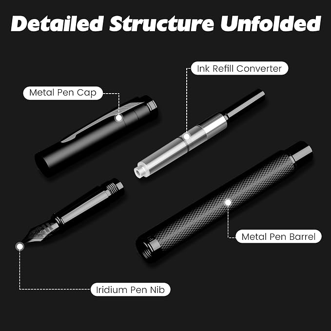 Fountain Pen with Extra Fine Nib - Modern Black Metal Design with Intricate Knurled Grip, Smooth and Skip-Free Writing, Includes Ink Cartridges, Converter, and Protective Sleeve