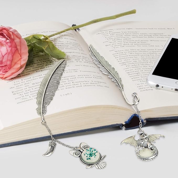 Vintage Feather Dragon Metal Bookmark, Unique Glow in The Dark Bookmark Dragon Gift Fantasy Bookmark Gifts Cool Bookmarks for Women Men, Book Reading Lovers (Antique Silver Dragon)