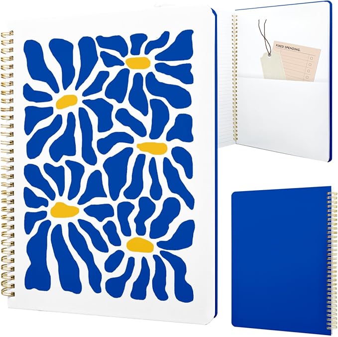 Cute Spiral Notebook journal A4 Aesthetic Pretty Design for Women Girls Kawaii with Pocket, 8.5 x 11 inch, Lined, Blue Flower