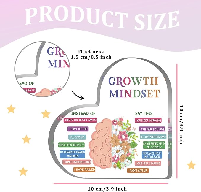 Growth Mindset Decor, Therapy Office Mental Health Classroom Art Educational Challenging Thoughts Affirmation Decorations Positive Sayings Inspirational Gifts Acrylic Heart Inspirational Gift for