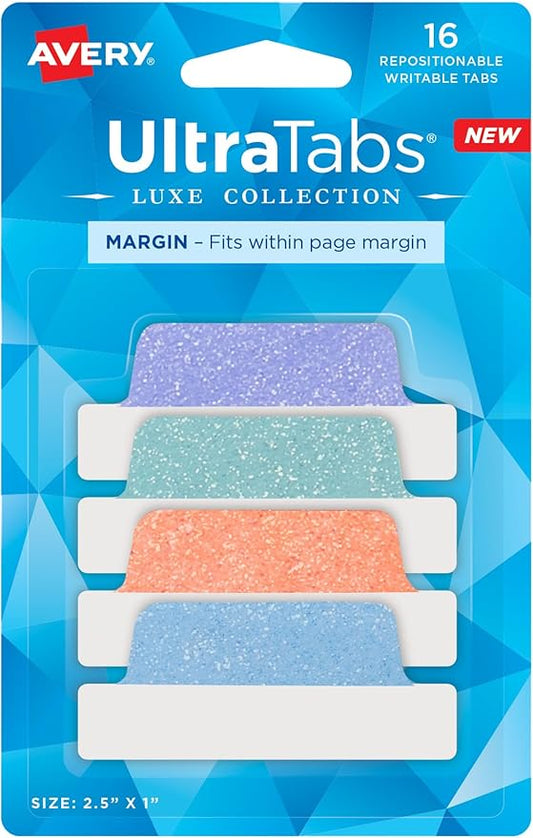 Avery Margin Ultra Tabs, 2.5" x 1", Pastel Sparkle Shimmer Designs, 16 Repositionable Page Tabs (74150)