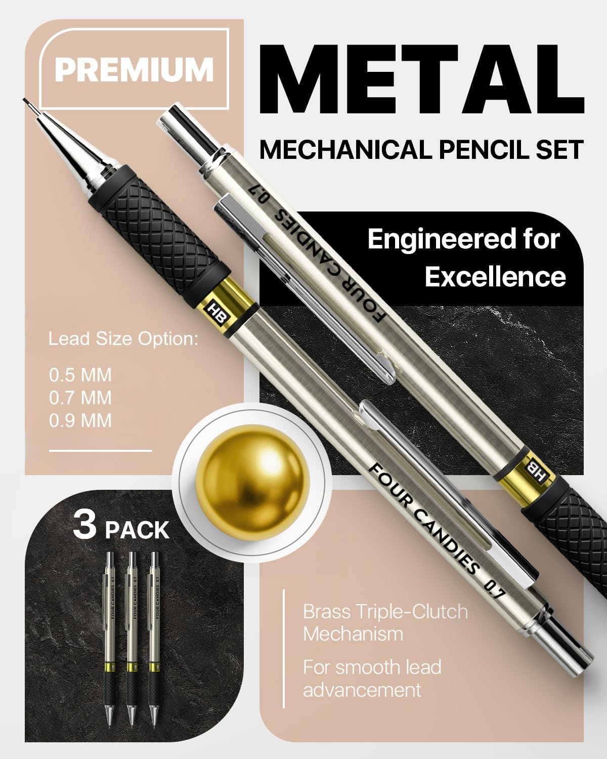 Four Candies Metal Mechanical Pencil Set - 3PCS 0.5 & 0.7 & 0.9 mm Art Pencils & 360PCS HB Lead Refills & 3PCS Erasers & 9PCS Eraser Refills, for Drawing, Writing, Sketching, Drafting - With Case