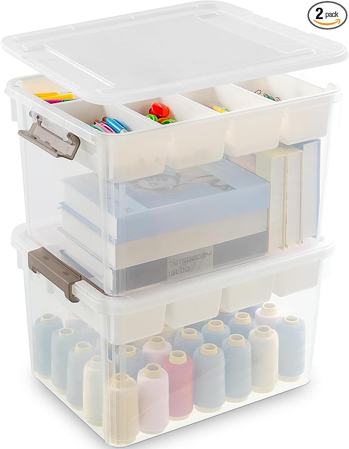 Citylife 32 QT Plastic Storage Bins with Removable Tray Large Stackable Storage Containers for Organizing Craft Storage and Storage Craft, Clothes, Files, Office Supplies, 2 Packs