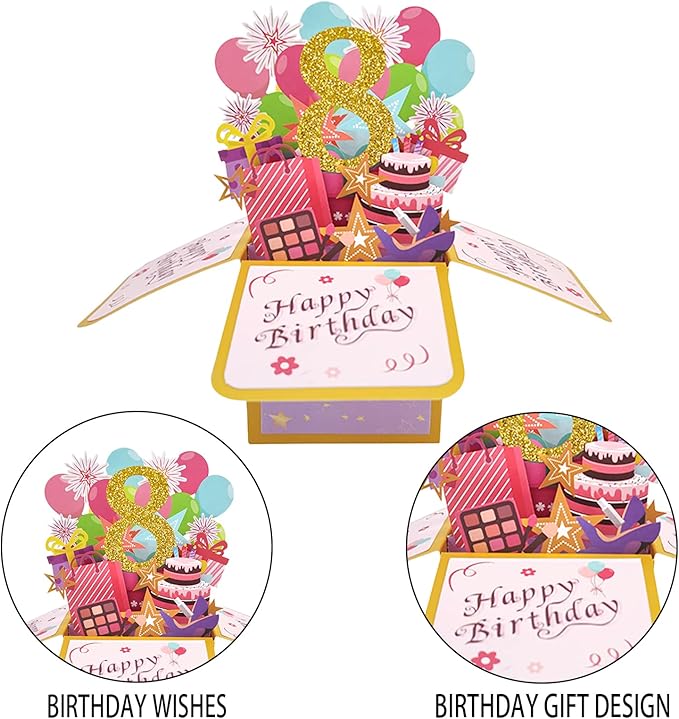 Asmallgf Happy 8th Birthday Popup Card for Daughter Niece, Sweet Birthday Gift for 8 Years Old Girl Boy, Eight Birthday Decorations for Him Her