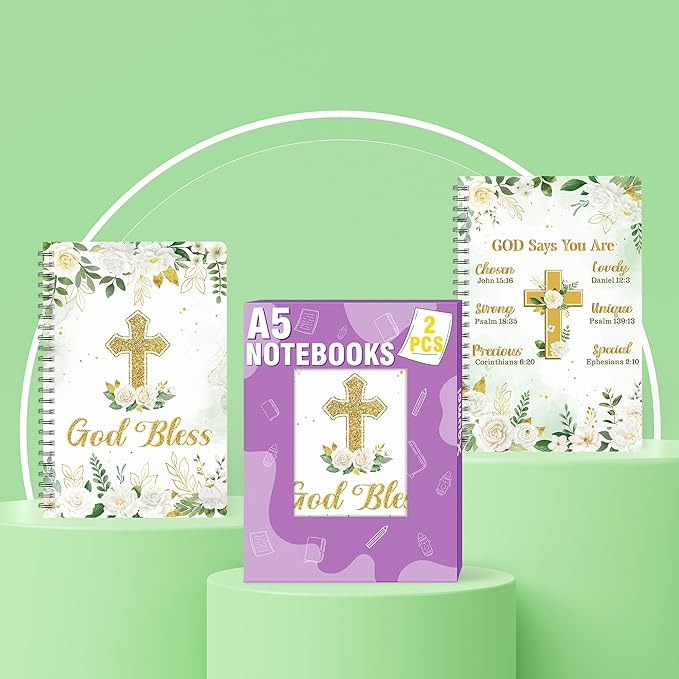 2 Pack A5 Floral Cross Religious Spiral Notebooks - God Bless Bible Verses Writing Notebooks, Ruled Hardbound Lined Journal, Christian Christmas Gift, Sunday School Supplies (Green Gold)