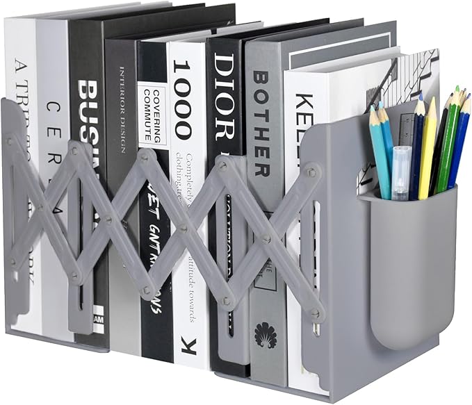 SAYEEC Adjustable Bookends with Pen Holder Expandable Book Ends for Heavy Books Plastic Desk Book Holder Book Stopper Bookcase Magazine Binder Organizer Rack for Shelves Office School Home (Grey)