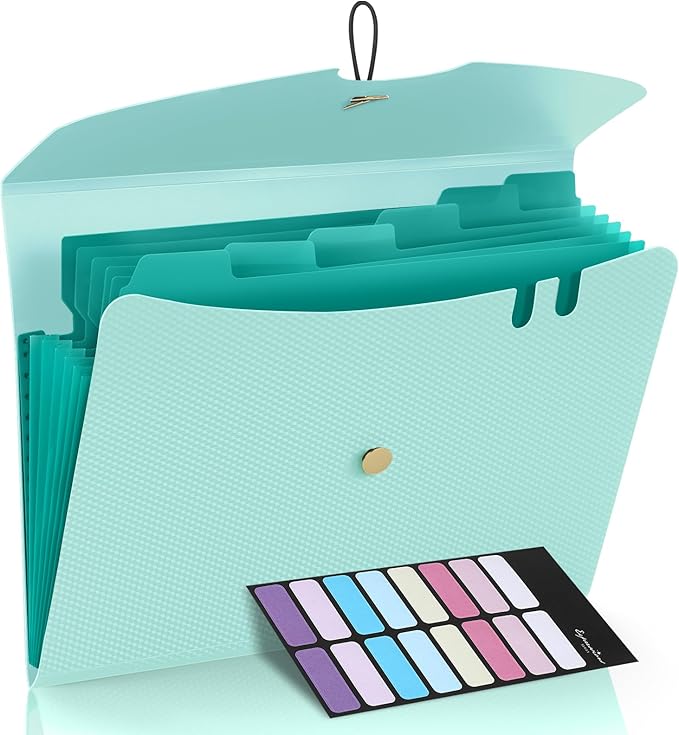 Sooez 7 Pocket Expanding File Folder, Premium Accordion File Organizer, Letter Size Folders for Documents, Sleek Filing Folders with Bungee Closure, Portable Folders for School Office Supplies, Green