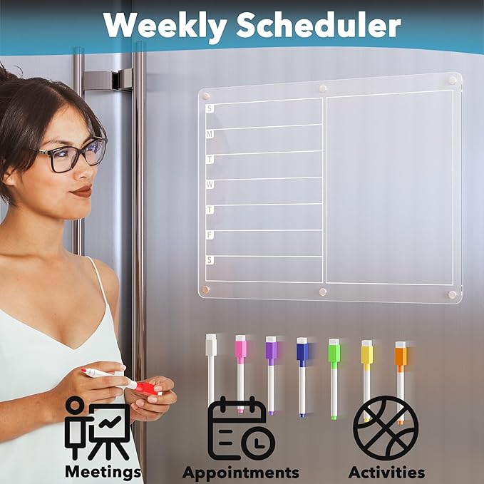 Acrylic Magnetic Meal Planner Menu Board for Kitchen Fridge w/ 8 Markers, Clear Refrigerator Weekly Dry Erase Calendar Planning Noteboard to Do/Grocery/Shopping List/Chore Chart/, 15 x 11"