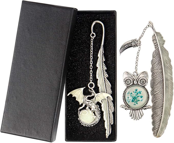 Vintage Feather Metal Bookmark, Unique Glow in The Dark Bookmark Gift for Men Women (Antique Silver Owl)