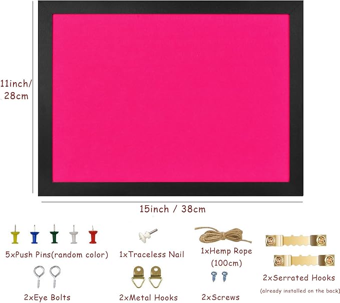 Pink Bulletin Boards Cork Board with Felt, 15"x11" Small Display Pin Board Vision Board for Walls, Jewelry, Notes, Collection, Photos, Office, Wood Framed(Black) & Felt(Pink), 1pc