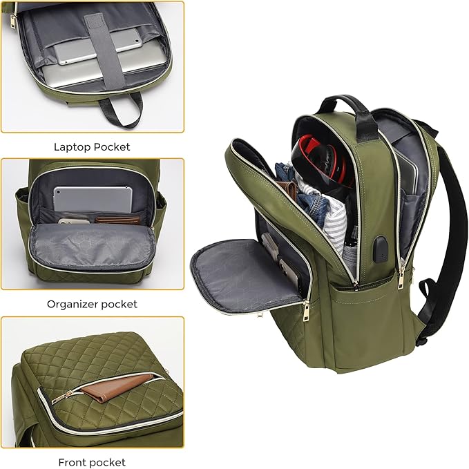 Modoker 15.6 Inch Laptop Backpack for Women, Quilted Work Backpack for Women Bookbag Teacher Backpack, Travel Backpack with USB Charging Port, Backpack Purse for Women Nurse, Green