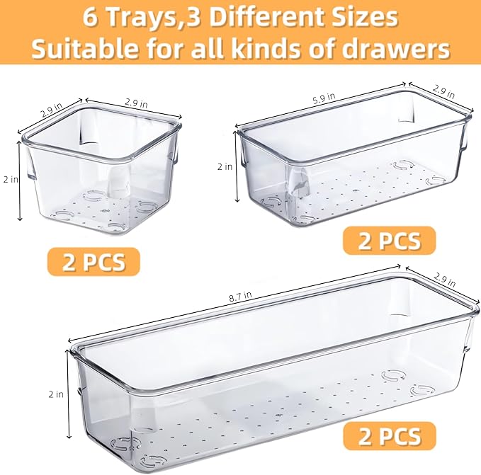 Drawer Organizer, Makeup Organizer, Desk Drawer Organizer, Acrylic Storage Bins for Makeup, Skincare, Jewelry, Office Supplies Used in Vanity, Kitchen, Bedroom, Bathroom, Office - 6pcs