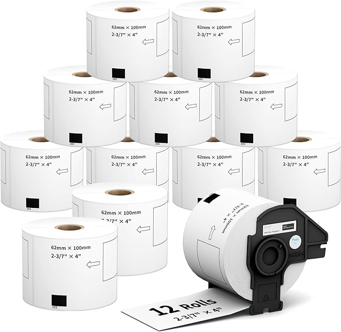 12 Rolls 2.4" x 3.9" Shipping Labels Replacement for Brother DK-1202, 3600 Labels, 1 Detachable Frame, Compatible with Brother QL Printers, Clear & Durable Adhesive