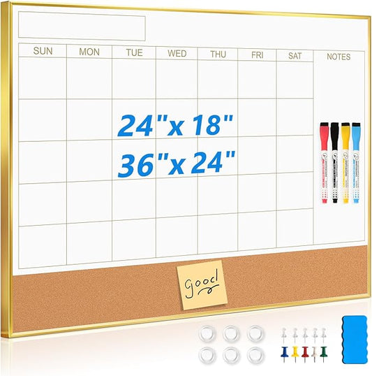 Calendar Whiteboard for Wall - 24'' x 18'' Magnetic Monthly Dry Erase Calendar with Cork Board - Gold Aluminum Frame