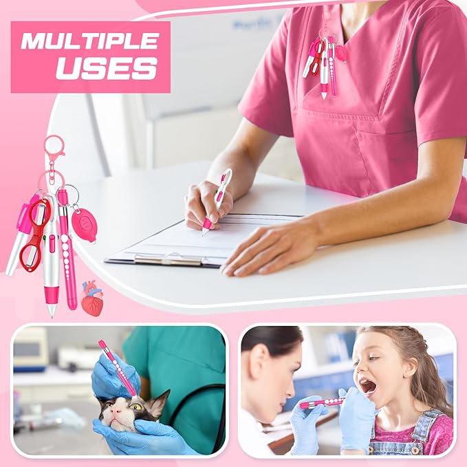 6 Pcs Nurse Pen Set Include Permanent Marker Pen Retractable Ballpoint Pen Keychain Clip Foldable Scissors Lights LED Flashlight Keychain for Nurse Accessories(Pink)