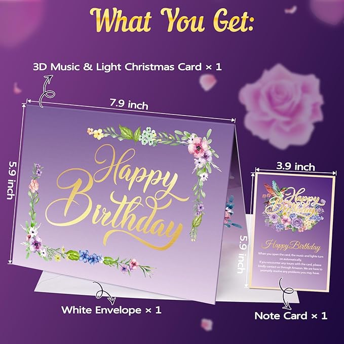 Birthday Card, Musical Pop Up Birthday Cards w Firework Lights, Play Happy Birthday Music Pop Up Card, Greeting Cards Gifts for Him or Her, Hummingbird