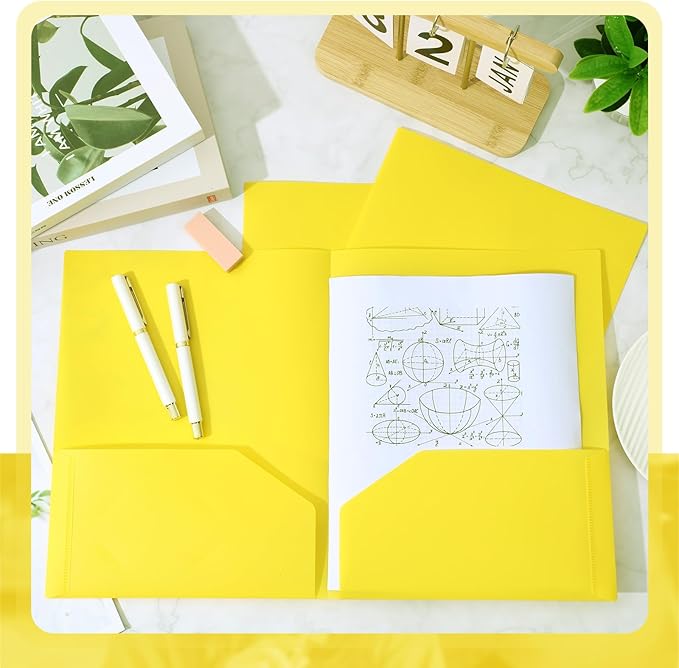 Gueevin 24 Pcs Plastic Folders with Pockets, Two Pocket Folder Fit Letter Size, Heavy Duty School Business Card Holder for Home Office School Bussiness, 11.61 x 9.45 Inches (Yellow)
