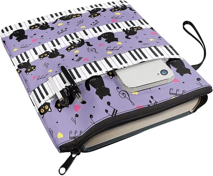 COEQINE Book Sleeve Pouch Purple Cats Piano Keychain Pattern Book Covers for Hardcover Paperbacks Purple Floral Book Cover Book Clothing