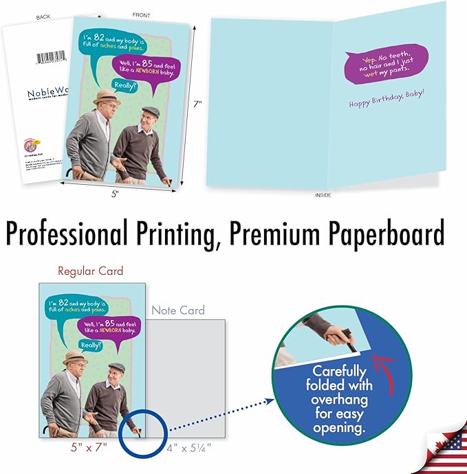 NobleWorks - 1 Funny Happy Birthday Greeting Card - Retro Old Man Humor, Notecard Talk Bubbles - Old Baby C7199BDG