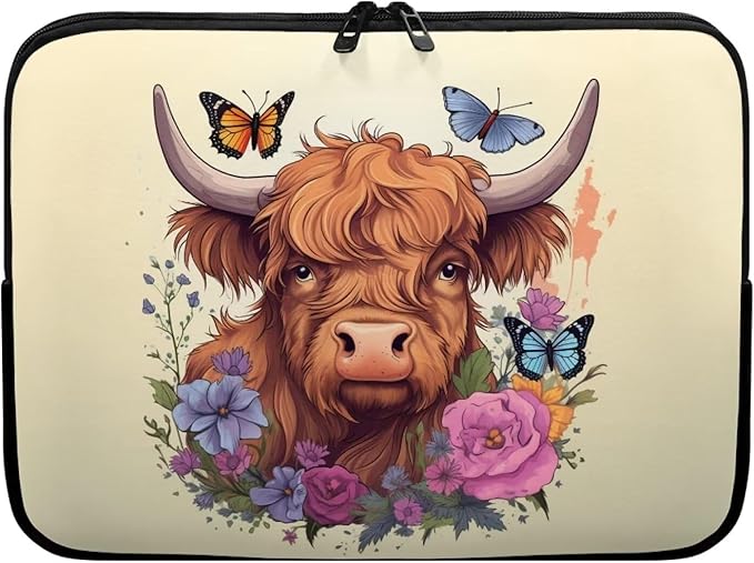 Highland Cattle Laptop Sleeve for Women 13 inch Lap Top Case Lightweight Laptop Protector Zippered Pouches with Humanize Design Computer Carrying Case Flower Cow Tablet Bag Briefcase
