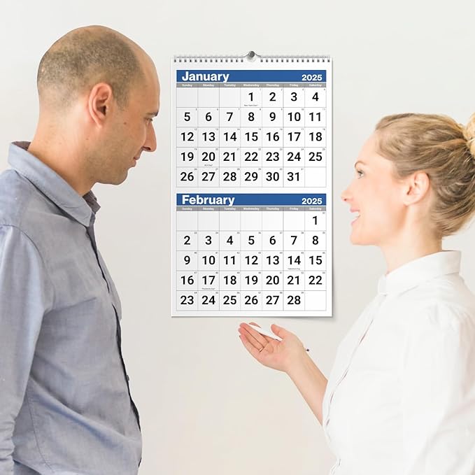 Dunwell 2-Month View Wall Calendar 2025, 11x17" Open, Use to Dec 2025, 2 Month Display, Vertical Two Months Wall Calendar for Office, Ships Folded