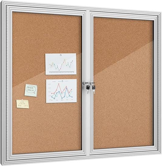 48"x36" Enclosed Bulletin Board, Outdoor Lockable Weather-Resistant Aluminum Cork Noticeboard for School & Office, Silver Frame w/Cork