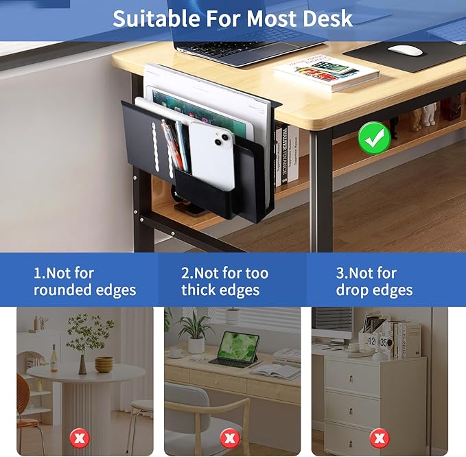 LUKETURE Desk Side Storage, 2 Tier Steel Hanging Organizer, No Drill Side Desk Organizer, Laptop Holder, with Pen Holder, Hanging Table Storage for Office and Home