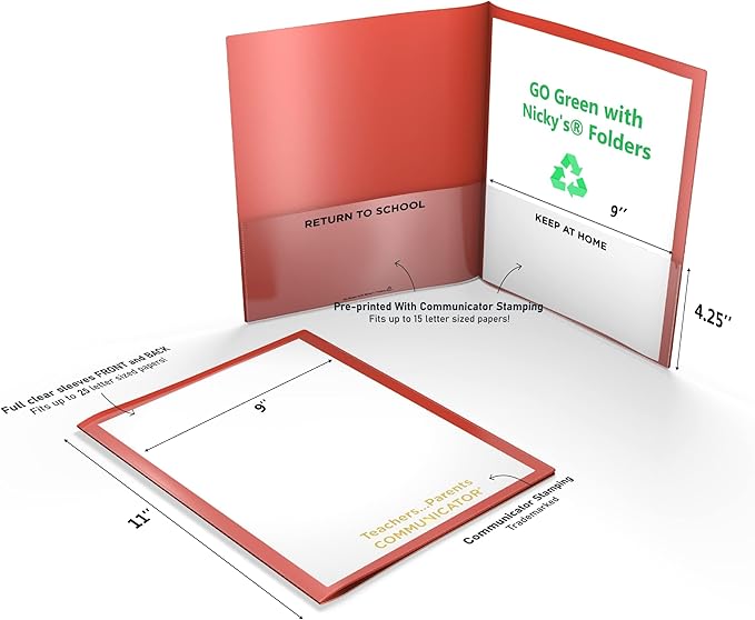 Nicky's Folders® English Communicator, Parent-Teacher Folder, Patented Tear-Resistant Flexible Plastic 2 Inside Pockets, 2 Exterior Sleeves, Letter Size Paper, Single Color(24 Pack) (Metallic Maroon)