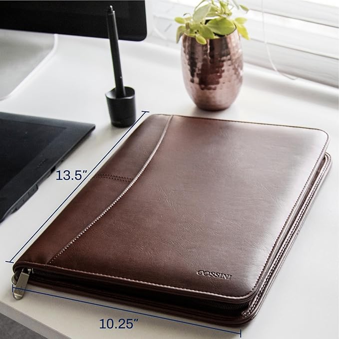 Cossini Premium Business Portfolio with Zipper – Padfolio - Superior Business Impressions Begin with PU Vegan Leather, 10.1 Inch Tablet Sleeve, Smart Storage, Solar Calculator, Writing Pad -Brown