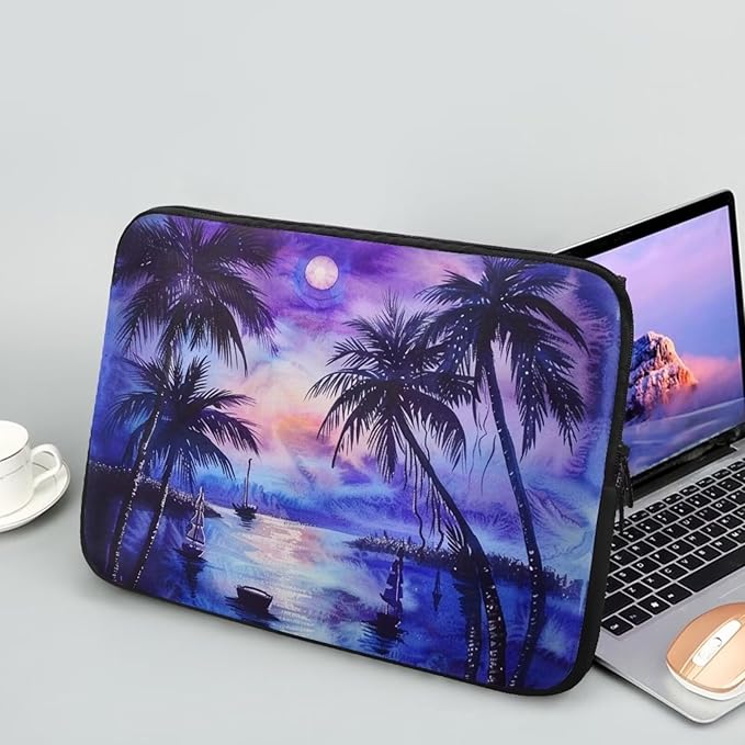 Tropical Palm Tree Laptop Sleeve for Women 13 inch Lap Top Case Portable Lightweight Computer Sleeve Laptop Pouch Slim Laptop Protector with Versatile Uses Tablet Bag Leaves Moon Purple