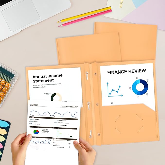 ViVin 12-Pack Sturdy Plastic Folders with Pockets and Prongs, Pastel Color 2 Pocket Poly Folder, fits 8.5 * 11 Letter Size Paper, for School, Home and Office (Light Yellow)