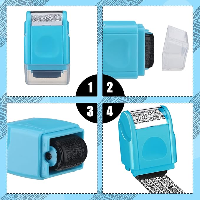 Nezyo 2 Pack Identity Protection Roller Stamp Identity Theft Stamp Confidential Roller Stamp Privacy Stamp Information Blocker Stamp and 4 Pack Refill Ink for ID Account Data Address Security(Blue)