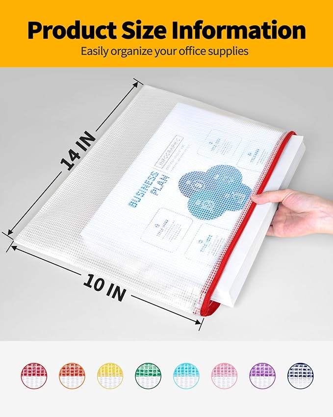 SUNEE Plastic Mesh Zipper Pouch 10x14 in (6 Colors, 24 Packs),Extra Large Water-Resistant Zip Bag for School Office Supplies, Puzzles & Games Organizing Storage