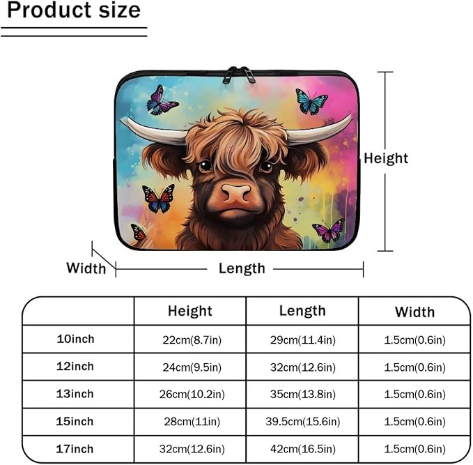 Highland Cattle Laptop Protective Sleeve for Women Men 12 inch Durable Computer Sleeve Neoprene Lap Top Case Portable Computer Carrying Case Suitable for Travel Office Pouch Butterfly