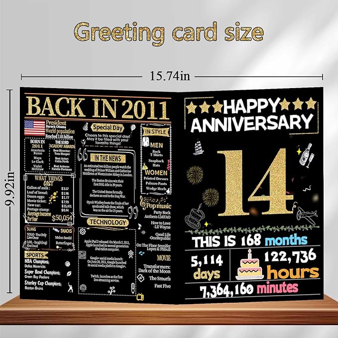 Joycard 14th Anniversary Card for Women Men, Gold Wedding Card for Wife Husband, Sweet Marriage Decorations Gifts for Couple, Perfect for Her Him on Anniversary Day, Back in 2011