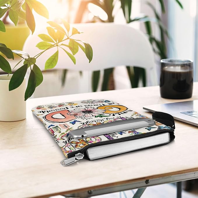 84hoods Book Cover Bag with Zipper and Front Pocket. Bible Book Sleeve. Christian Faith God Religious Gift. Washable Fabric 11 X 8.5 Inch. All Things are Possible