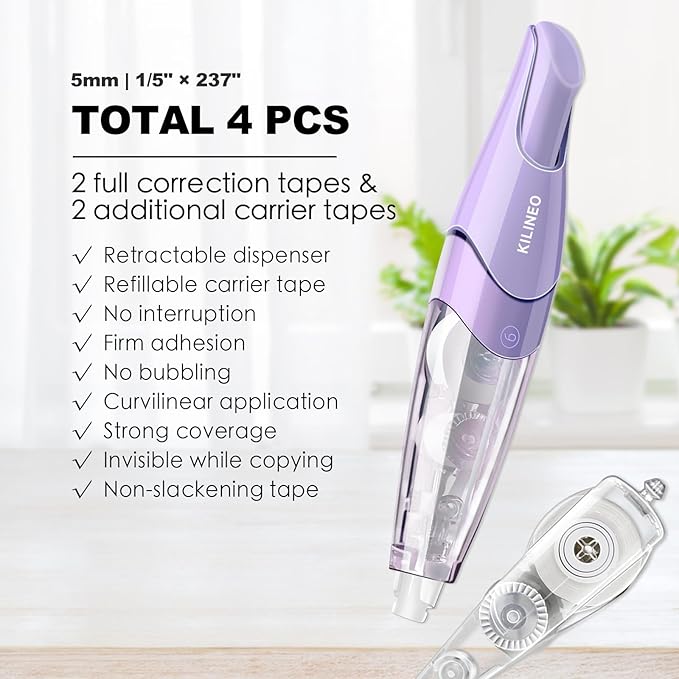 Refillable Retractable Correction Tape, Pen Shaped Smooth Pull Correction Tape Set, Correction Tape, Japanese Aesthetic Cute Correction Tape for Office Supplies, 4 PCS (ZH-87)