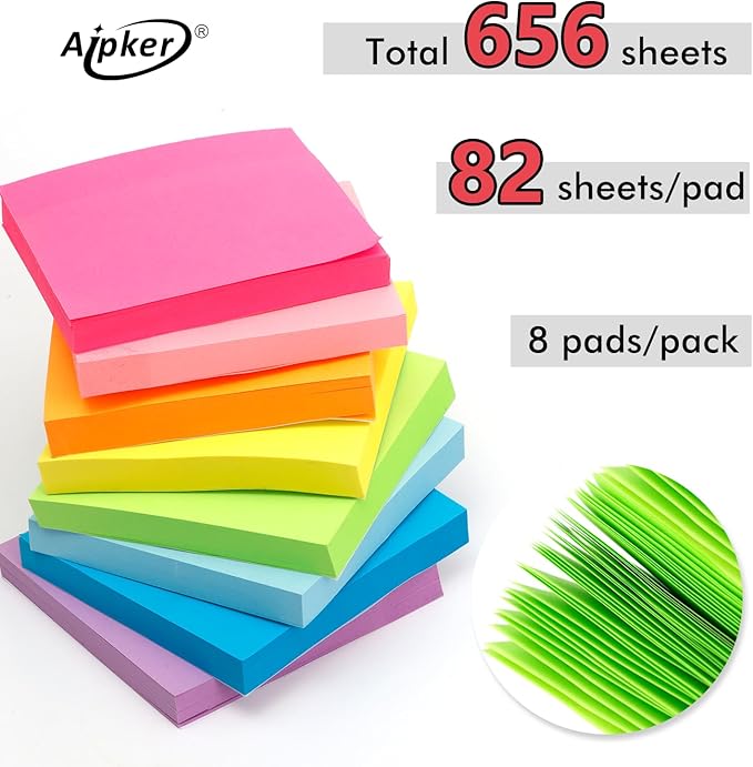 Sticky Notes & Index Strips - 8 Pads 3x3 Inch Note Pads and 8 Pads 0.6x3 inch Index Tabs, Bright Sticky Note Pads Set for Organization and Study (82 Sheet/Pads)