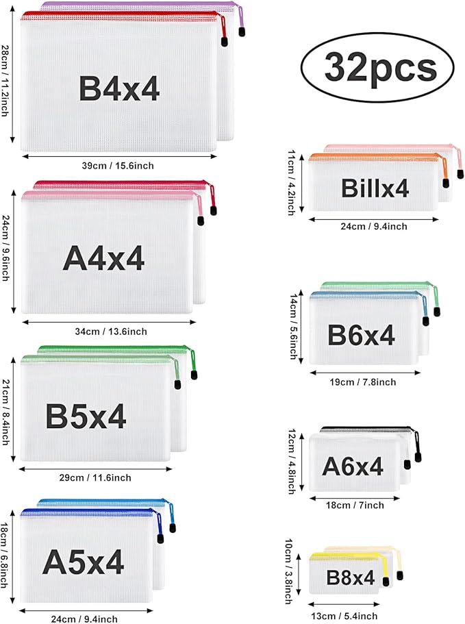 EOOUT 32pcs 8 Sizes Mesh Zipper Pouch, Waterproof Mesh Bags with Zipper, 16 Colors Travel Pouches, for Board Games Toys Storage, Travel Accessories, Documents Cosmetics School Office Supplies