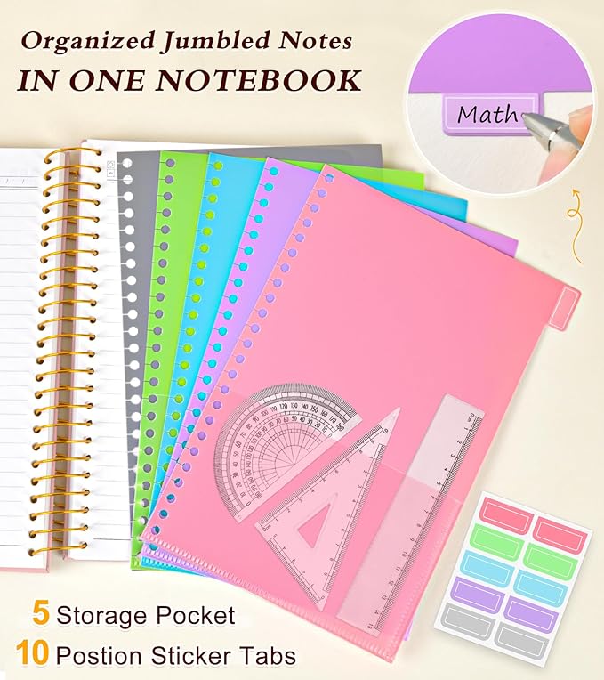 5 Subject Notebook College Ruled with Removable Pocket Dividers Tabs, 240 Pages Spiral Notebook 8.5 x 11, Lined Journal Notebook for Women , Hardcover Notebooks for Work School Note taking A4 Pink